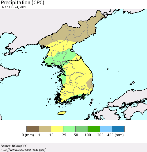Korea Precipitation (CPC) Thematic Map For 3/18/2019 - 3/24/2019