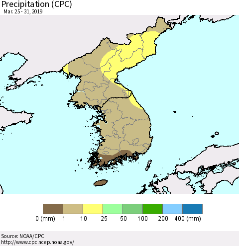 Korea Precipitation (CPC) Thematic Map For 3/25/2019 - 3/31/2019