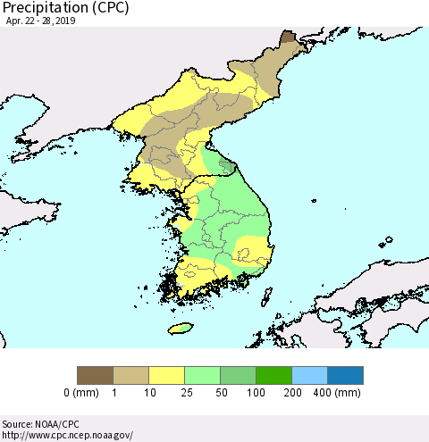 Korea Precipitation (CPC) Thematic Map For 4/22/2019 - 4/28/2019