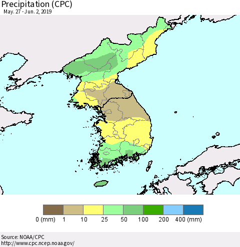 Korea Precipitation (CPC) Thematic Map For 5/27/2019 - 6/2/2019