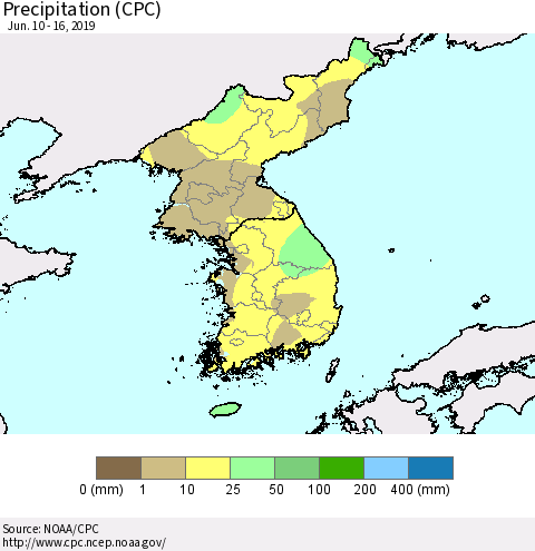 Korea Precipitation (CPC) Thematic Map For 6/10/2019 - 6/16/2019