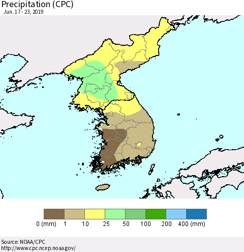 Korea Precipitation (CPC) Thematic Map For 6/17/2019 - 6/23/2019