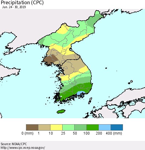 Korea Precipitation (CPC) Thematic Map For 6/24/2019 - 6/30/2019