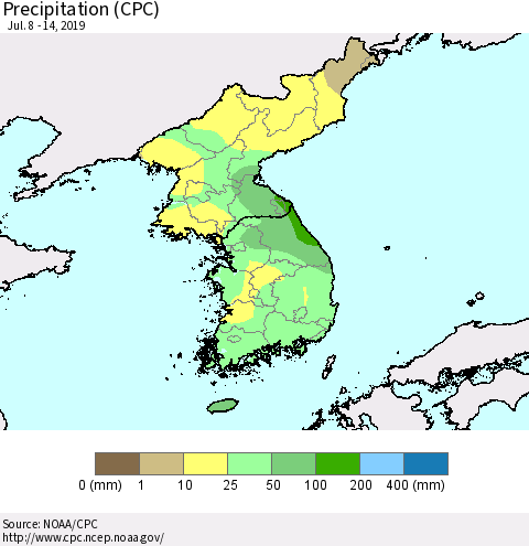 Korea Precipitation (CPC) Thematic Map For 7/8/2019 - 7/14/2019