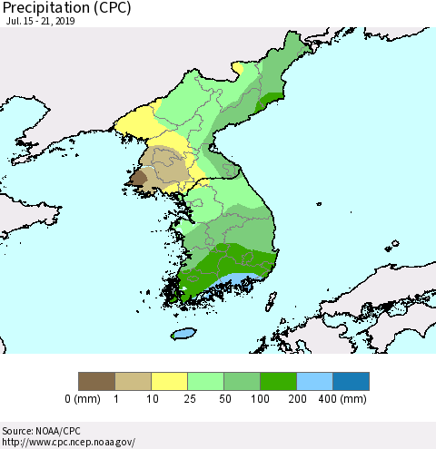 Korea Precipitation (CPC) Thematic Map For 7/15/2019 - 7/21/2019