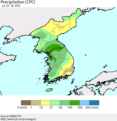 Korea Precipitation (CPC) Thematic Map For 7/22/2019 - 7/28/2019