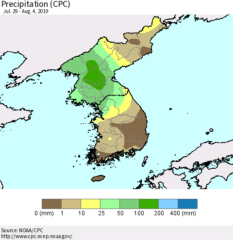 Korea Precipitation (CPC) Thematic Map For 7/29/2019 - 8/4/2019