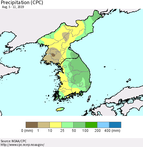 Korea Precipitation (CPC) Thematic Map For 8/5/2019 - 8/11/2019