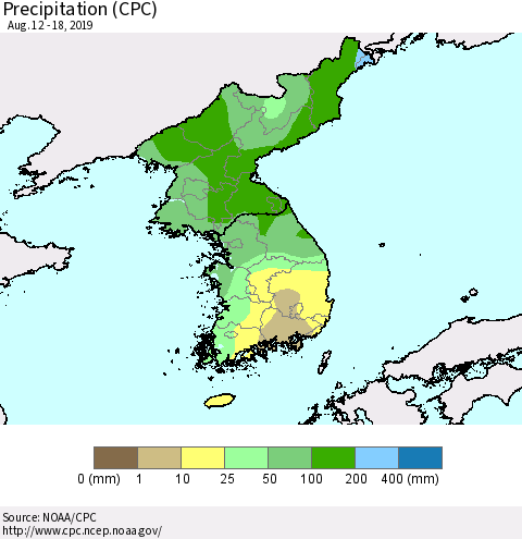 Korea Precipitation (CPC) Thematic Map For 8/12/2019 - 8/18/2019