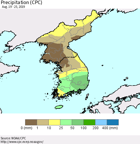 Korea Precipitation (CPC) Thematic Map For 8/19/2019 - 8/25/2019