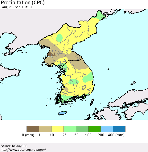Korea Precipitation (CPC) Thematic Map For 8/26/2019 - 9/1/2019