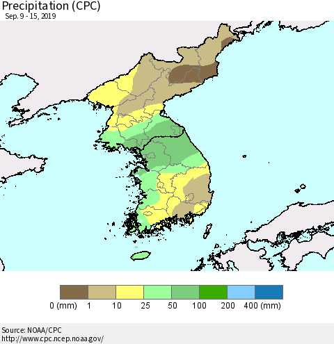 Korea Precipitation (CPC) Thematic Map For 9/9/2019 - 9/15/2019