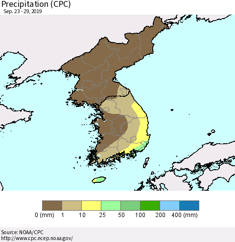 Korea Precipitation (CPC) Thematic Map For 9/23/2019 - 9/29/2019