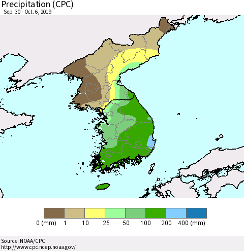 Korea Precipitation (CPC) Thematic Map For 9/30/2019 - 10/6/2019
