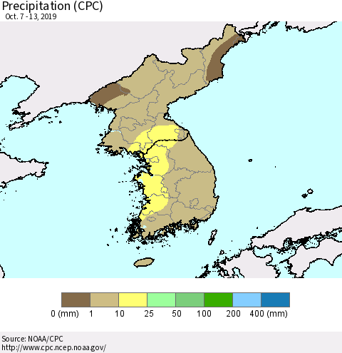 Korea Precipitation (CPC) Thematic Map For 10/7/2019 - 10/13/2019