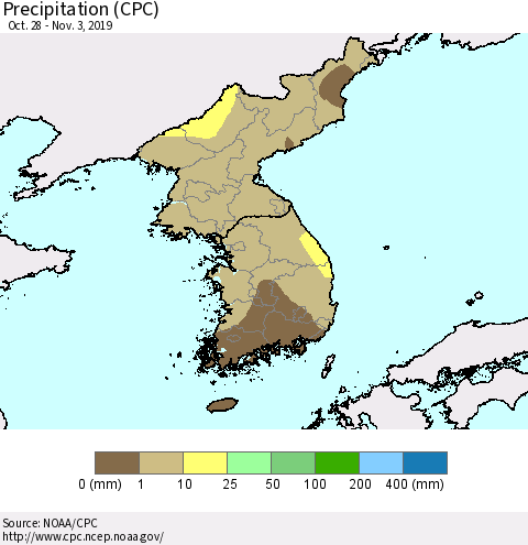 Korea Precipitation (CPC) Thematic Map For 10/28/2019 - 11/3/2019