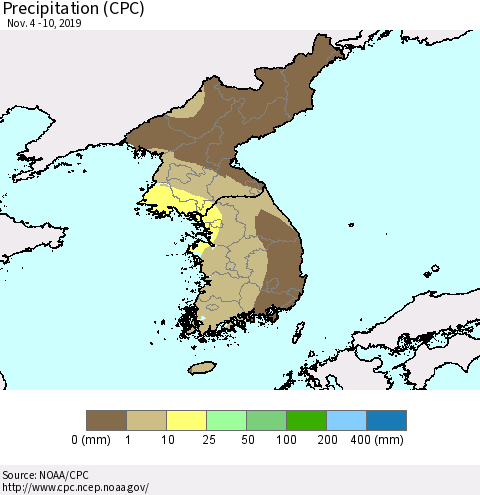 Korea Precipitation (CPC) Thematic Map For 11/4/2019 - 11/10/2019