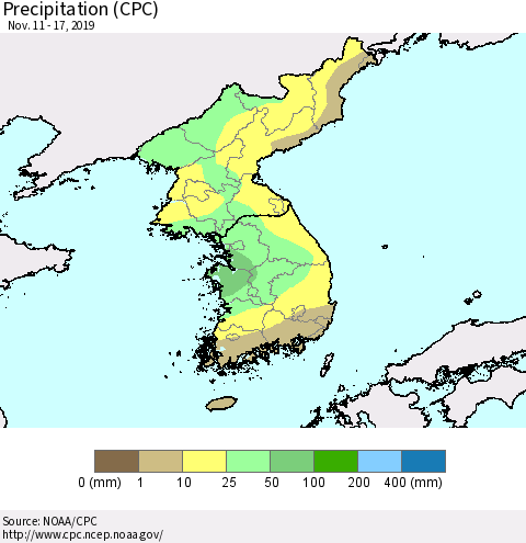 Korea Precipitation (CPC) Thematic Map For 11/11/2019 - 11/17/2019