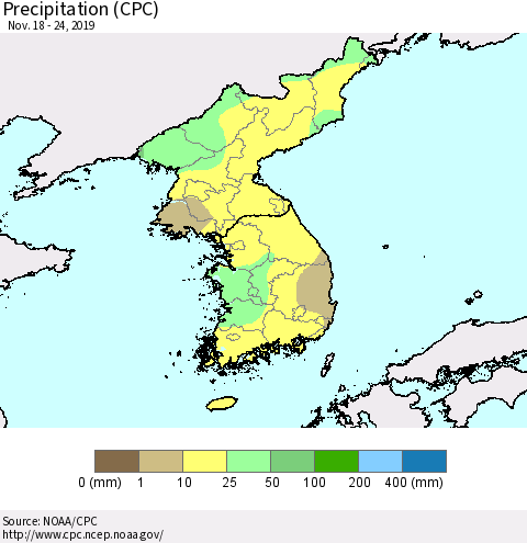 Korea Precipitation (CPC) Thematic Map For 11/18/2019 - 11/24/2019