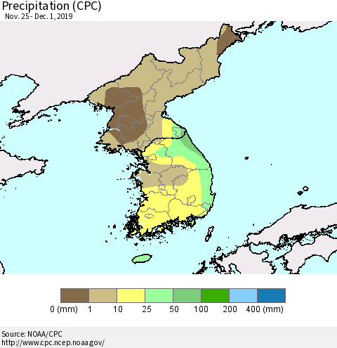 Korea Precipitation (CPC) Thematic Map For 11/25/2019 - 12/1/2019