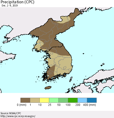 Korea Precipitation (CPC) Thematic Map For 12/2/2019 - 12/8/2019