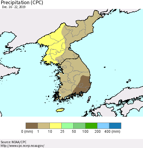 Korea Precipitation (CPC) Thematic Map For 12/16/2019 - 12/22/2019