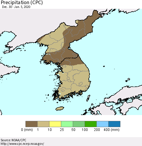 Korea Precipitation (CPC) Thematic Map For 12/30/2019 - 1/5/2020