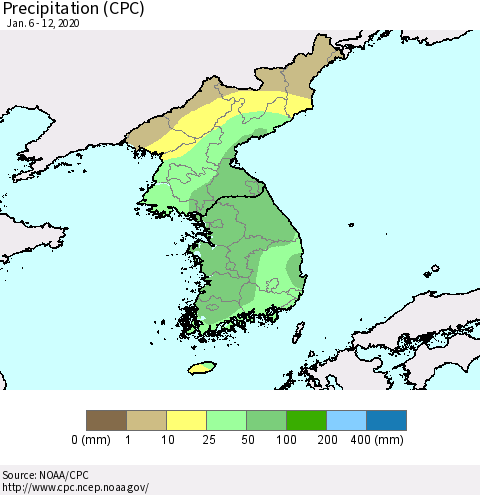 Korea Precipitation (CPC) Thematic Map For 1/6/2020 - 1/12/2020