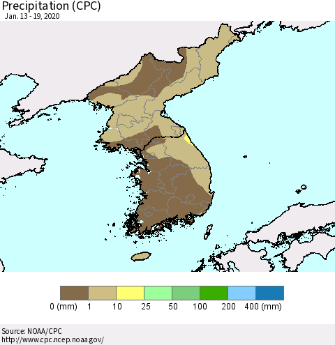 Korea Precipitation (CPC) Thematic Map For 1/13/2020 - 1/19/2020