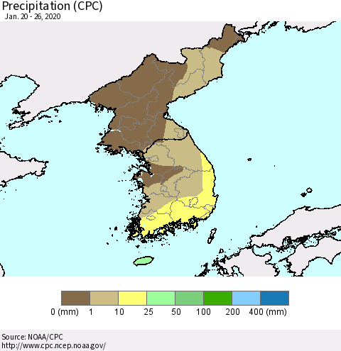 Korea Precipitation (CPC) Thematic Map For 1/20/2020 - 1/26/2020