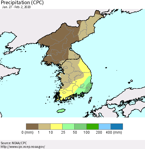 Korea Precipitation (CPC) Thematic Map For 1/27/2020 - 2/2/2020