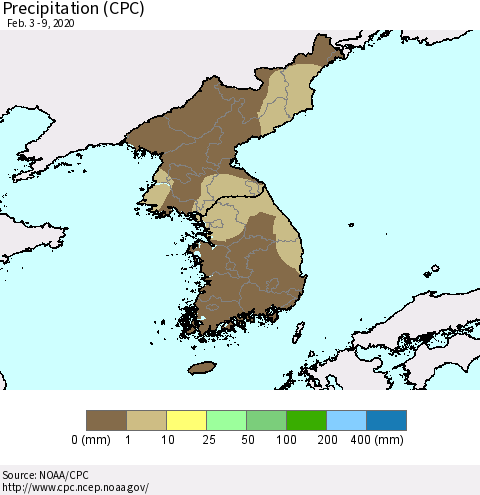 Korea Precipitation (CPC) Thematic Map For 2/3/2020 - 2/9/2020