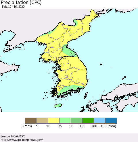 Korea Precipitation (CPC) Thematic Map For 2/10/2020 - 2/16/2020