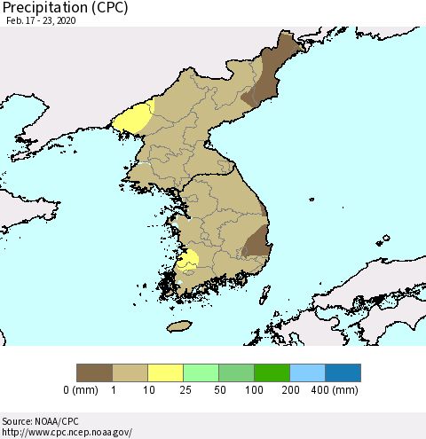 Korea Precipitation (CPC) Thematic Map For 2/17/2020 - 2/23/2020