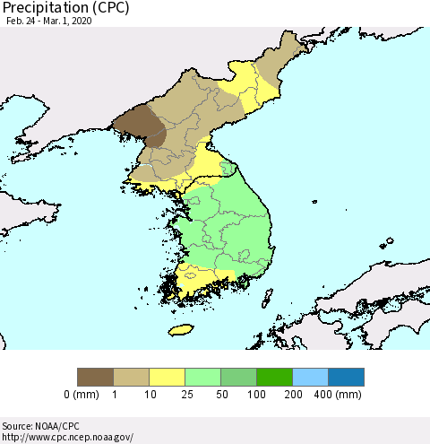 Korea Precipitation (CPC) Thematic Map For 2/24/2020 - 3/1/2020