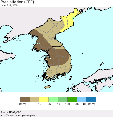 Korea Precipitation (CPC) Thematic Map For 3/2/2020 - 3/8/2020