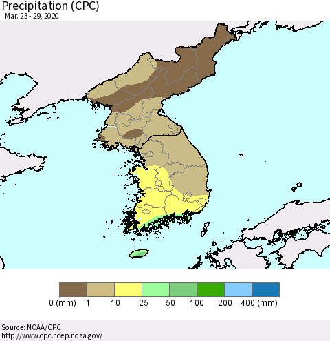 Korea Precipitation (CPC) Thematic Map For 3/23/2020 - 3/29/2020