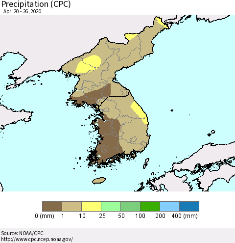 Korea Precipitation (CPC) Thematic Map For 4/20/2020 - 4/26/2020