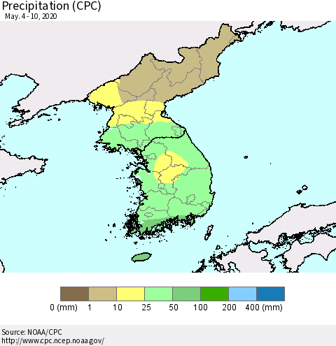 Korea Precipitation (CPC) Thematic Map For 5/4/2020 - 5/10/2020