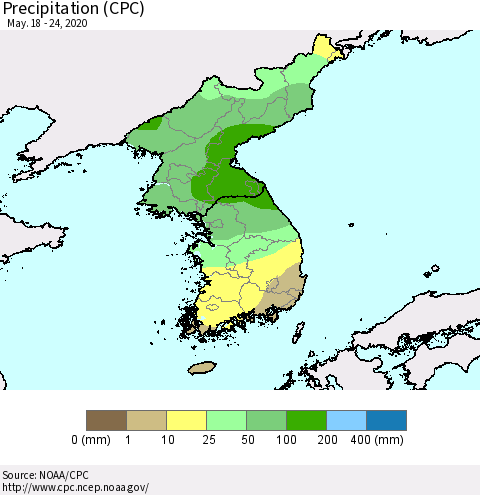 Korea Precipitation (CPC) Thematic Map For 5/18/2020 - 5/24/2020