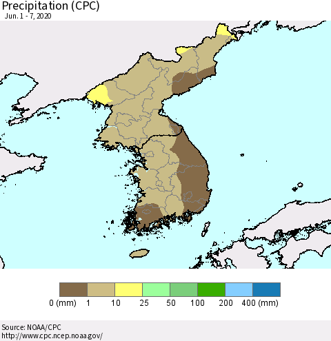 Korea Precipitation (CPC) Thematic Map For 6/1/2020 - 6/7/2020