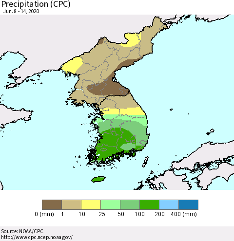 Korea Precipitation (CPC) Thematic Map For 6/8/2020 - 6/14/2020