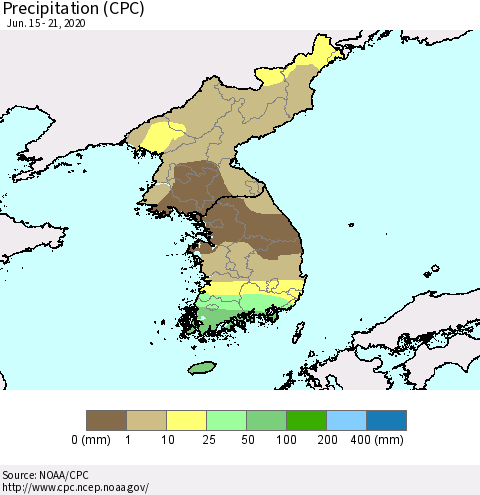 Korea Precipitation (CPC) Thematic Map For 6/15/2020 - 6/21/2020
