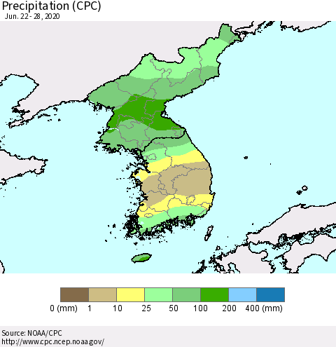Korea Precipitation (CPC) Thematic Map For 6/22/2020 - 6/28/2020