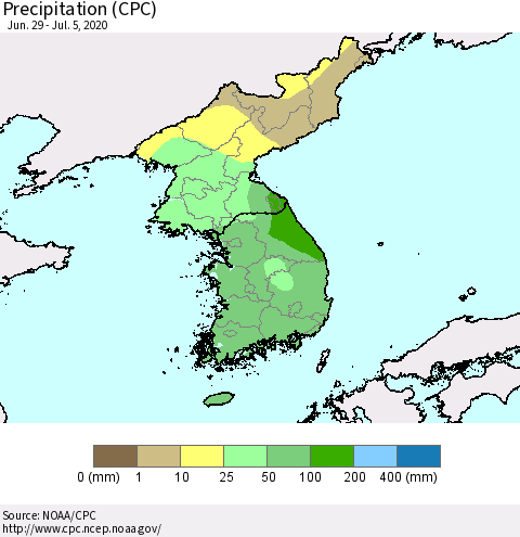 Korea Precipitation (CPC) Thematic Map For 6/29/2020 - 7/5/2020