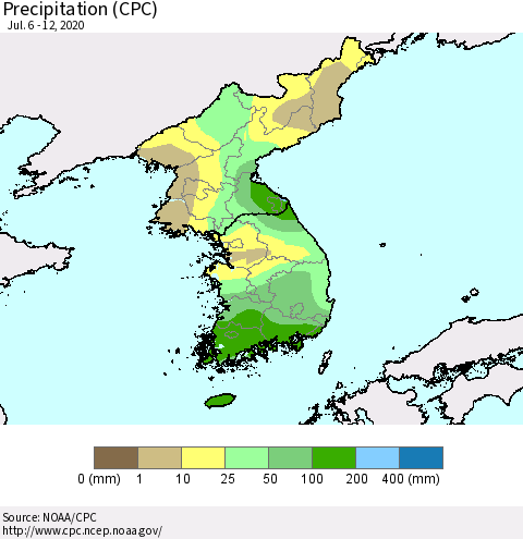 Korea Precipitation (CPC) Thematic Map For 7/6/2020 - 7/12/2020