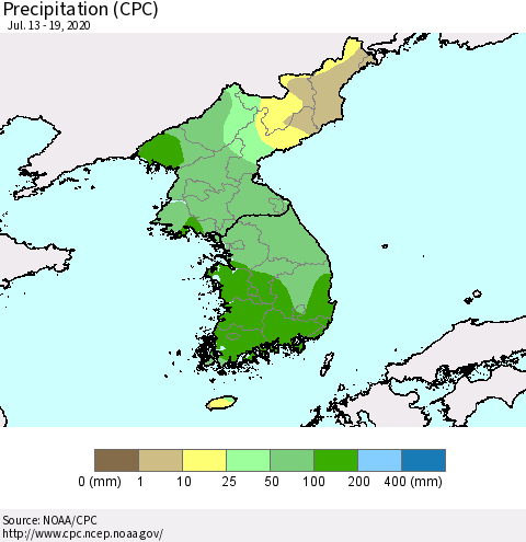 Korea Precipitation (CPC) Thematic Map For 7/13/2020 - 7/19/2020