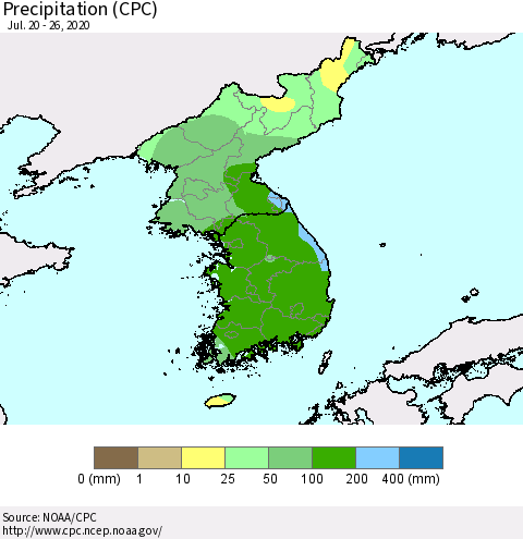 Korea Precipitation (CPC) Thematic Map For 7/20/2020 - 7/26/2020