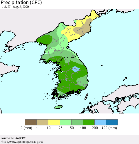 Korea Precipitation (CPC) Thematic Map For 7/27/2020 - 8/2/2020