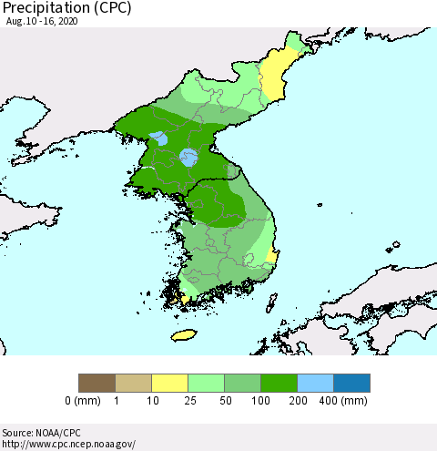 Korea Precipitation (CPC) Thematic Map For 8/10/2020 - 8/16/2020